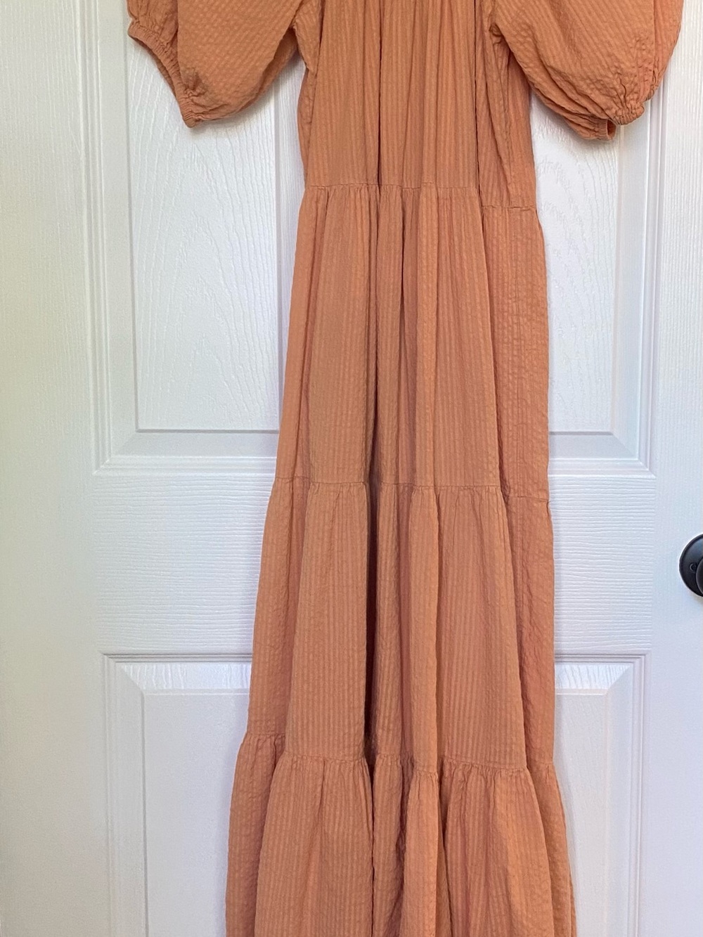 Billabong Endless Shore Puffed Sleeves Orange Tan Tiered Ribbed Maxi Dress M - Picture 4 of 10